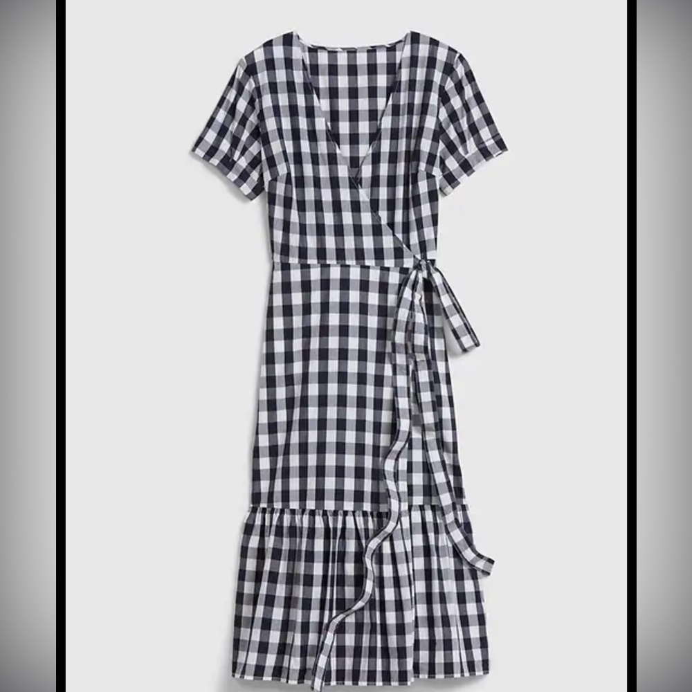 Gingham weave cotton, wrap v-neck midi dress, black & white checked, tiered